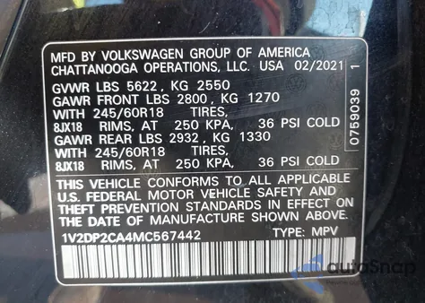 2021 Volkswagen Atlas 2.0T Se from USA, damaged, VIN 1V2DP2CA4MC567442